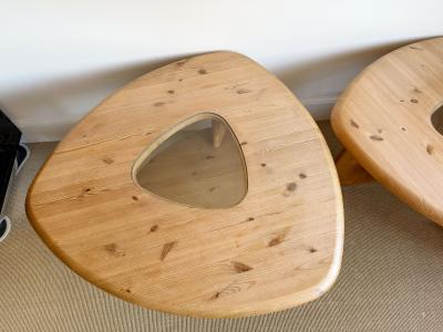 PAIR OF RUSTIC TRIANGULAR PINE SIDE TABLES