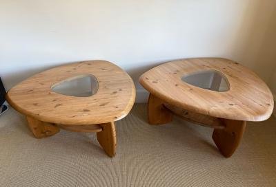 PAIR OF RUSTIC TRIANGULAR PINE SIDE TABLES