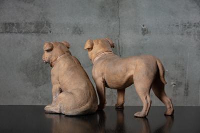 PAIR OF TERRACOTTA BULLDOGS