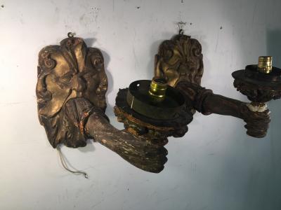 PAIR OF VENETIAN 18TH CENTURY GREEN MAN FACE SCONCES