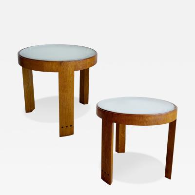 PAIR OF WALNUT AND FROSTED GLASS TABLES