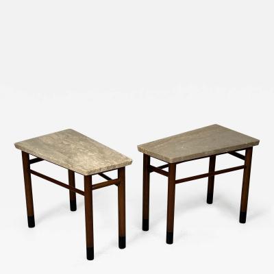 PAIR OF WEDGE SHAPED TRAVERTINE TABLES BY EDWARD WORMLEY FOR DUNBAR