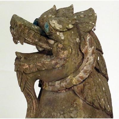 PAIR OF WOOD PALACE LIONS S E ASIA WEATHERED WITH MICA EYES