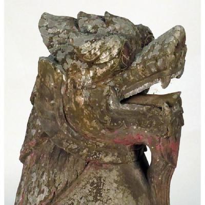 PAIR OF WOOD PALACE LIONS S E ASIA WEATHERED WITH MICA EYES