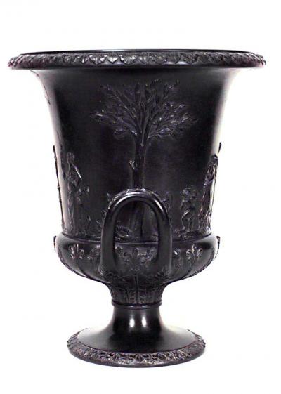 PAIR of English Victorian black Basalt Wedgwood porcelain urns