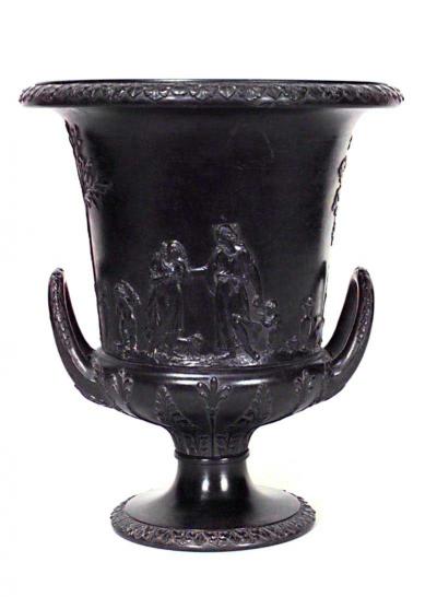 PAIR of English Victorian black Basalt Wedgwood porcelain urns