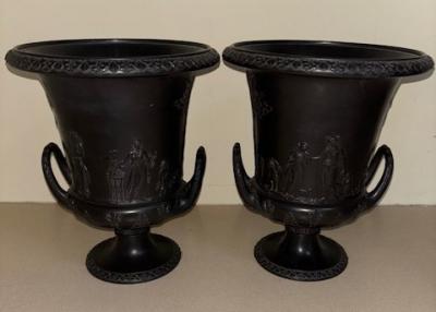 PAIR of English Victorian black Basalt Wedgwood porcelain urns