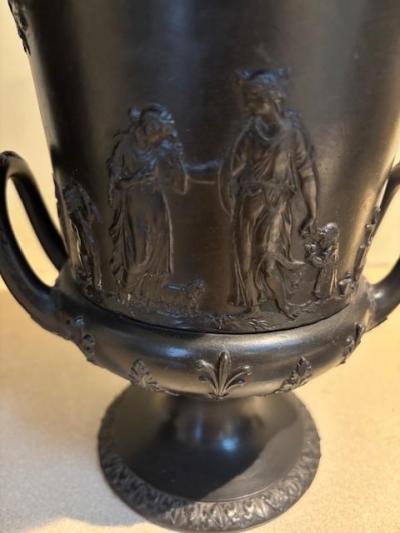 PAIR of English Victorian black Basalt Wedgwood porcelain urns