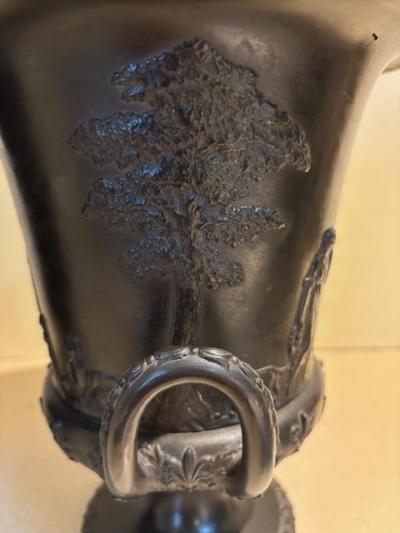 PAIR of English Victorian black Basalt Wedgwood porcelain urns