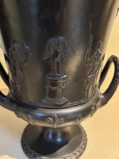 PAIR of English Victorian black Basalt Wedgwood porcelain urns