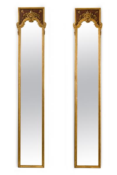PAIR of French Louis XV style gilt and walnut pilaster framed vertical wall mirr