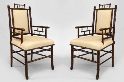 PAIR of French Victorian faux bamboo stained walnut arm chairs