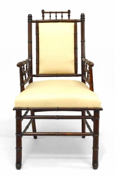 PAIR of French Victorian faux bamboo stained walnut arm chairs