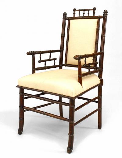 PAIR of French Victorian faux bamboo stained walnut arm chairs