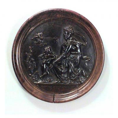 PAIR of French Victorian round walnut framed bronze wall plaques