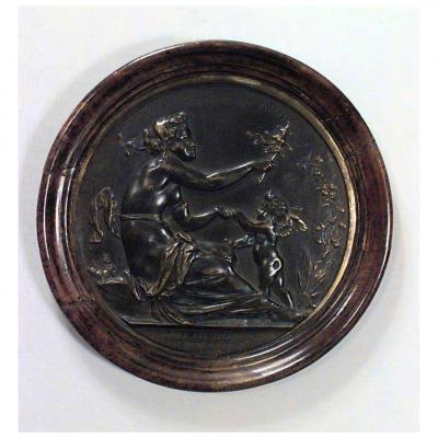 PAIR of French Victorian round walnut framed bronze wall plaques