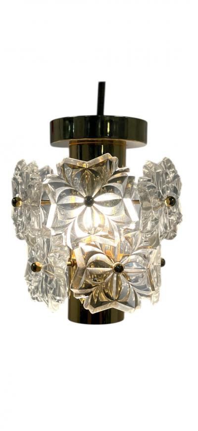 PETITE MID CENTURY GLASS FLOWER BRASS CHANDELIER