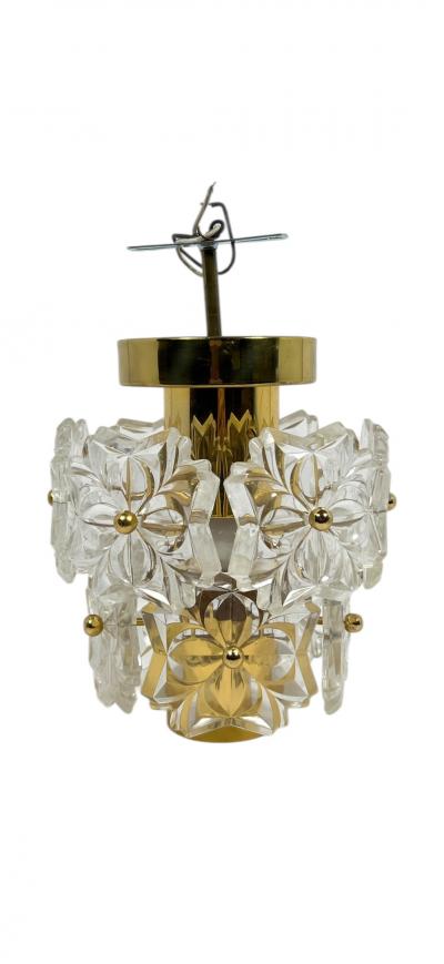 PETITE MID CENTURY GLASS FLOWER BRASS CHANDELIER