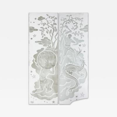 PIERRE DUMAS FRENCH ART DECO ETCHED GLASS PANELS OF ATLAS HERCULES BY PIERRE DUMAS