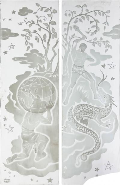 PIERRE DUMAS FRENCH ART DECO ETCHED GLASS PANELS OF ATLAS HERCULES BY PIERRE DUMAS