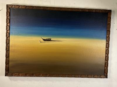 PIERRE MAXIM DOCKED TETHERED BOAT ON DESERTED BEACH PAINTING BY PIERRE MAXIM