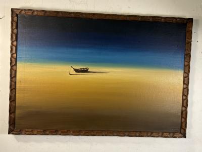 PIERRE MAXIM DOCKED TETHERED BOAT ON DESERTED BEACH PAINTING BY PIERRE MAXIM