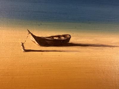 PIERRE MAXIM DOCKED TETHERED BOAT ON DESERTED BEACH PAINTING BY PIERRE MAXIM