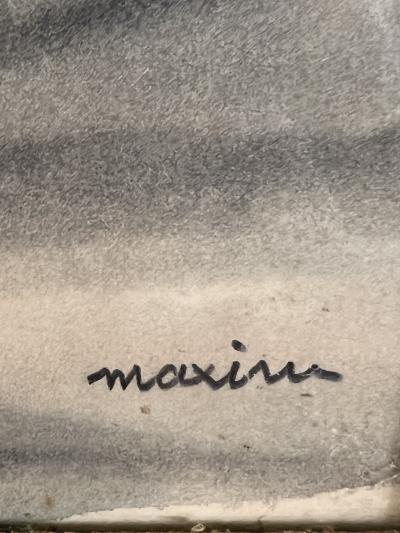 PIERRE MAXIM MID CENTURY PURPLE AND BLUE FLOWERS IN VASE WATERCOLOR BY PIERRE MAXIM