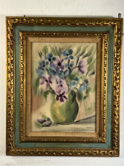 PIERRE MAXIM MID CENTURY PURPLE AND BLUE FLOWERS IN VASE WATERCOLOR BY PIERRE MAXIM