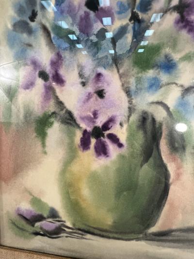PIERRE MAXIM MID CENTURY PURPLE AND BLUE FLOWERS IN VASE WATERCOLOR BY PIERRE MAXIM