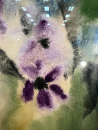 PIERRE MAXIM MID CENTURY PURPLE AND BLUE FLOWERS IN VASE WATERCOLOR BY PIERRE MAXIM