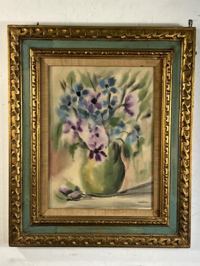 PIERRE MAXIM MID CENTURY PURPLE AND BLUE FLOWERS IN VASE WATERCOLOR BY PIERRE MAXIM