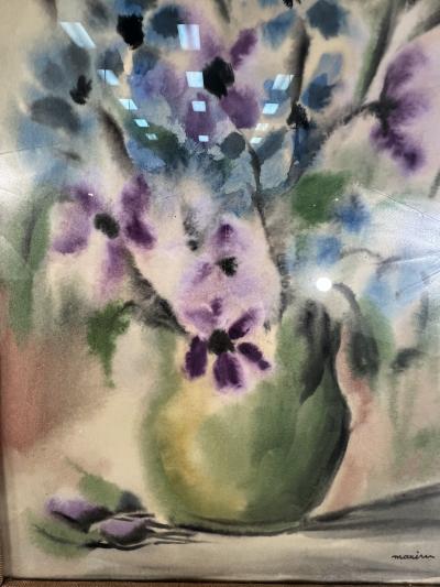 PIERRE MAXIM MID CENTURY PURPLE AND BLUE FLOWERS IN VASE WATERCOLOR BY PIERRE MAXIM