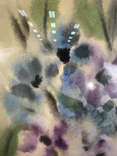 PIERRE MAXIM MID CENTURY PURPLE AND BLUE FLOWERS IN VASE WATERCOLOR BY PIERRE MAXIM