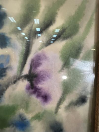 PIERRE MAXIM MID CENTURY PURPLE AND BLUE FLOWERS IN VASE WATERCOLOR BY PIERRE MAXIM