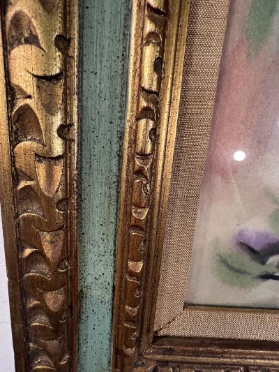 PIERRE MAXIM MID CENTURY PURPLE AND BLUE FLOWERS IN VASE WATERCOLOR BY PIERRE MAXIM