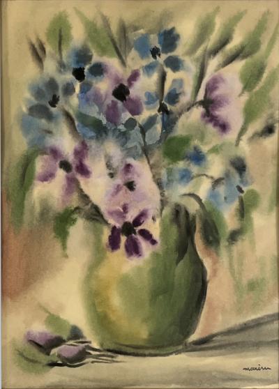 PIERRE MAXIM MID CENTURY PURPLE AND BLUE FLOWERS IN VASE WATERCOLOR BY PIERRE MAXIM