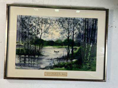 PIERRE MAXIM ORIGINAL WATERCOLOR BOAT ON LAKE LANDSCAPE BY PIERRE MAXIM