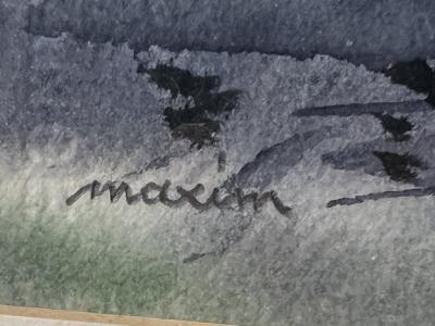 PIERRE MAXIM ORIGINAL WATERCOLOR BOAT ON LAKE LANDSCAPE BY PIERRE MAXIM