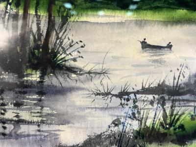 PIERRE MAXIM ORIGINAL WATERCOLOR BOAT ON LAKE LANDSCAPE BY PIERRE MAXIM