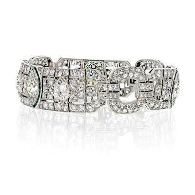 PLATINUM 16 00CTTW ART DECO DIAMOND AND GREEN EMERALD BRACELET