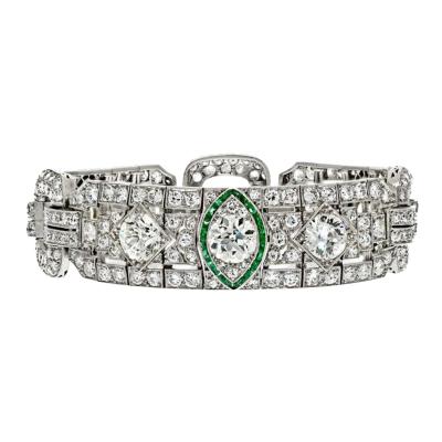 PLATINUM 16 00CTTW ART DECO DIAMOND AND GREEN EMERALD BRACELET