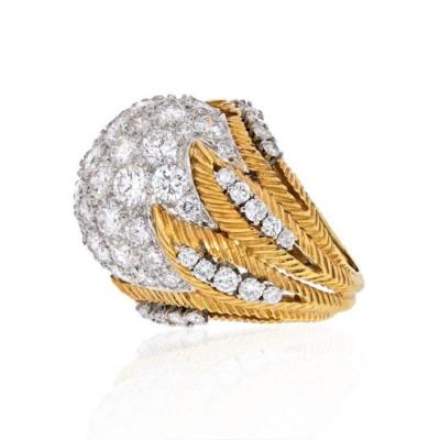 PLATINUM 18K YELLOW GOLD 1950S CLUSTER 8 50CTS DIAMOND DOME RING