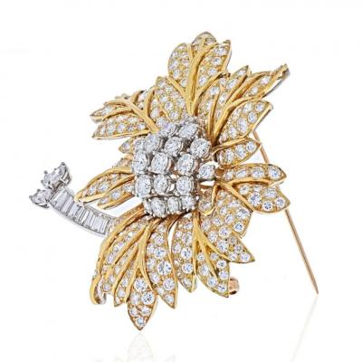 PLATINUM 18K YELLOW GOLD 25 CARAT DIAMOND FLOWER BROOCH