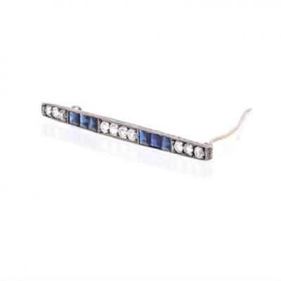 PLATINUM 18K YELLOW GOLD OLD MINE AND VINTAGE SAPPHIRE DIAMOND BAR BROOCH