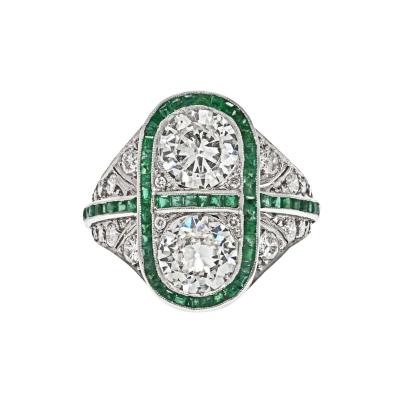 PLATINUM 4 00CTTW TOI ET MOI OLD EUROPEAN DIAMOND AND EMERALD RING