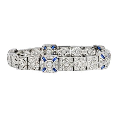 PLATINUM ART DECO DIAMOND AND SAPPHIRE ONE LINE BRACELET