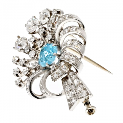 PLATINUM ART DECO MINI FLOWER DIAMOND AND AQUAMARINE BROOCH