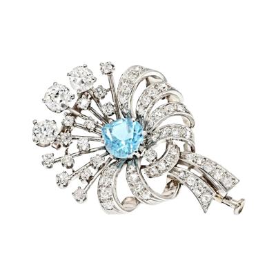 PLATINUM ART DECO MINI FLOWER DIAMOND AND AQUAMARINE BROOCH