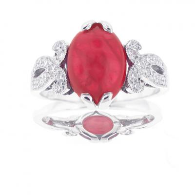 PLATINUM CABOCHON RUBY AND DIAMOND RING